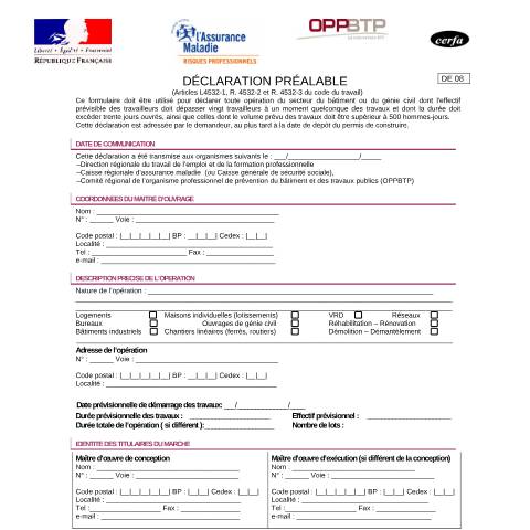 Aperçu du document Déclaration préalable à toute opération du secteur du bâtiment ou du génie civil supérieure à 500 hommes-jours — Professionnels, France (CERFA n°13630*02)