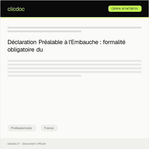 Aperçu du document Déclaration préalable à l'embauche (DPAE) — Professionnels, France (CERFA n°14738*01)