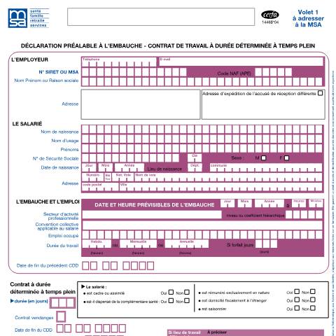 Aperçu du document Déclaration préalable à l'embauche (DPAE) pour un salarié agricole en contrat à durée déterminée (CDD) à temps plein — Professionnels, France (CERFA n°14468*04)