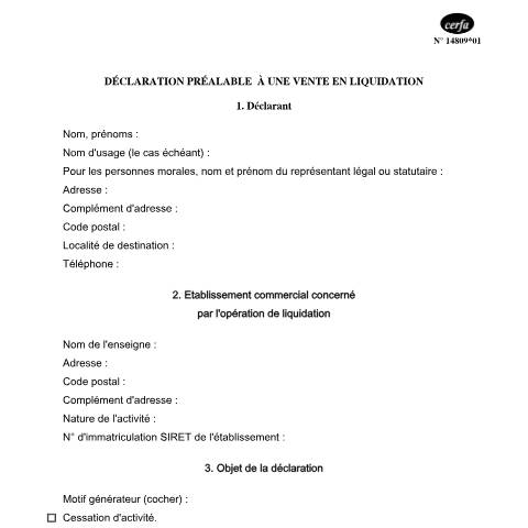 Aperçu du document Déclaration préalable à une vente en liquidation — Professionnels, France (CERFA n°14809*01)