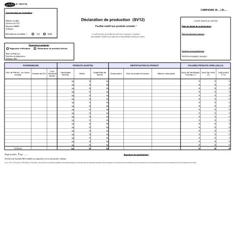 Aperçu du document Déclaration de production de vin des négociants vinificateurs (SV12) — Professionnels, France (CERFA n°14814*02)