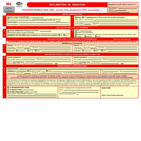 Aperçu du document Déclaration de radiation d'une personne morale (M4) — Professionnels, France (CERFA n°11685*03)