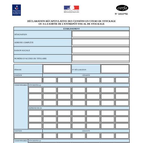 Aperçu du document Déclaration récapitulative des cessions en cours de stockage ou à la sortie de l'entrepôt fiscal de stockage (EFS) — Professionnels, France (CERFA n°14323*02)