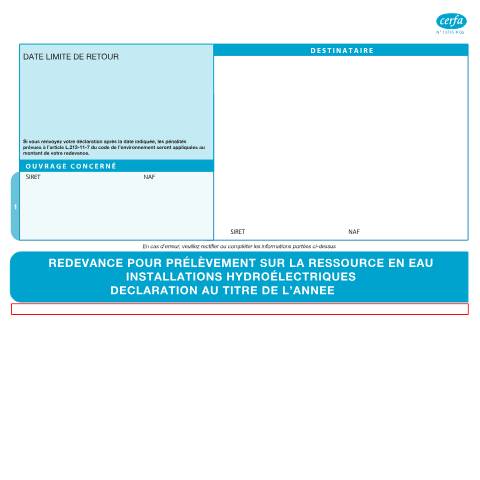 Aperçu du document Redevance pour prélèvement sur la ressource en eau installations hydroélectriques - Déclaration au titre de l'année — Professionnels, France (CERFA n°13735*06)