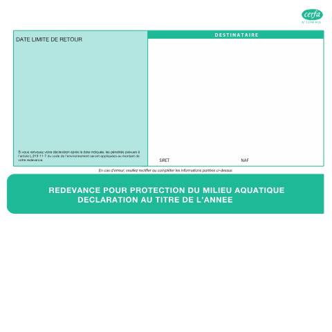 Aperçu du document Redevance pour protection du milieu aquatique - Déclaration au titre de l'année — Particuliers, France (CERFA n°13748*05)