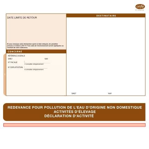 Aperçu du document Redevance pour pollution de l'eau d'origine non domestique activités d'élevage - Déclaration d'activité — Professionnels, France (CERFA n°13746*05)