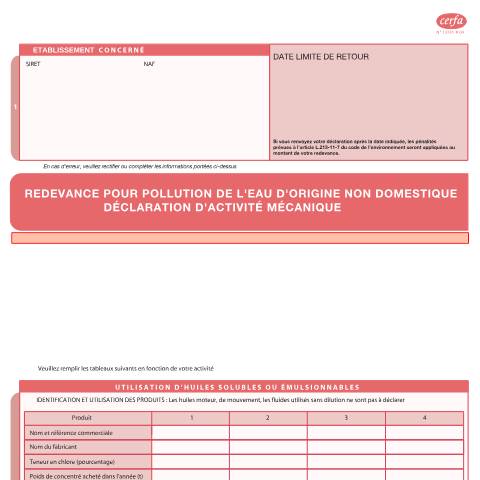 Aperçu du document Redevance pour pollution de l'eau d'origine non domestique - Déclaration d'activité mécanique — Professionnels, France (CERFA n°13731*04)