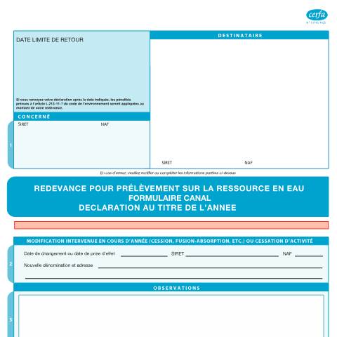Aperçu du document Redevance pour prélèvement sur la ressource en eau - Canal - Déclaration au titre de l'année — Professionnels, France (CERFA n°13745*05)