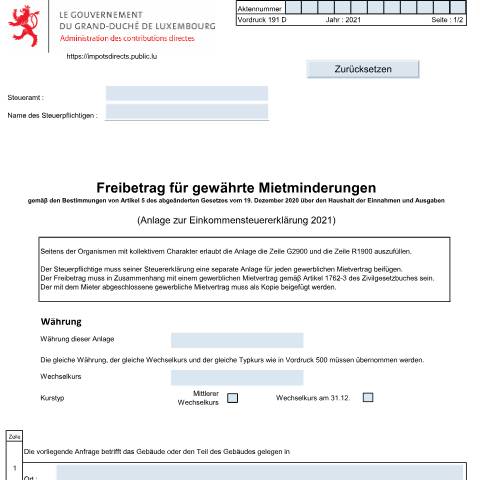 Aperçu du document Anlage "Freibetrag für gewährte Mietminderungen" — Annexes, Luxembourg (CERFA n°191 D)