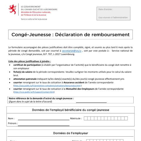 Aperçu du document Congé-Jeunesse : Déclaration de remboursement — Conges, Luxembourg (CERFA n°conge-jeunesse-remboursement)