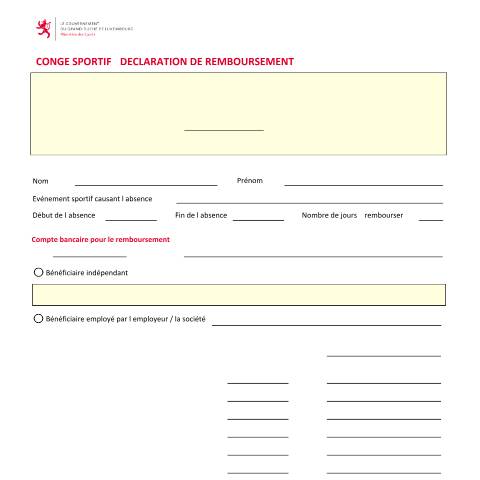 Aperçu du document Congé sportif - Déclaration de remboursement de l’employeur — Conges, Luxembourg (CERFA n°conge-sportif-remboursement-employeur)