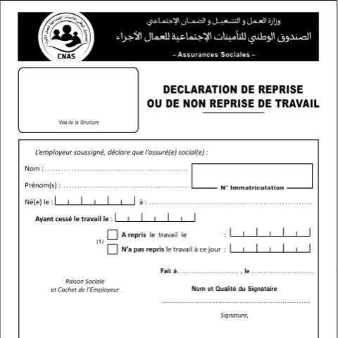Aperçu du document AS 09 Déclaration de reprise ou de non reprise de travail — CNAS — Formulaires Sécurité sociale, Algérie (CERFA n°AS 09)