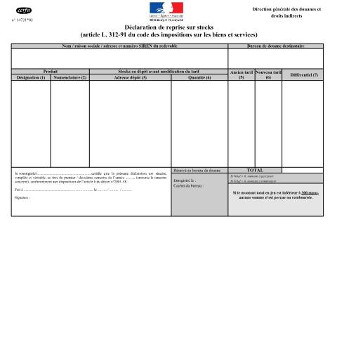 Aperçu du document Déclaration de reprise sur stocks (article L312-91 du code des impositions sur les biens et services) — Professionnels, France (CERFA n°14721*02)