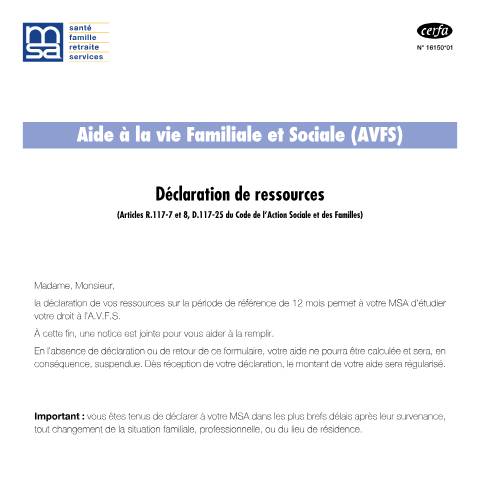 Aperçu du document Aide à la vie familiale et sociale (AVFS) - Déclaration de ressources — Particuliers, France (CERFA n°16150*01)
