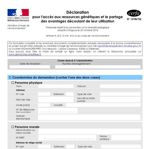 Aperçu du document Declaration regarding access to genetic resources and benefit-sharing arising from their utilisation — Professionnels, France (CERFA n°15786*02)