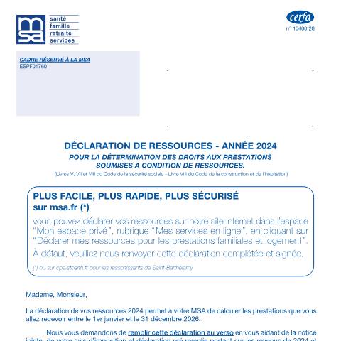 Aperçu du document Déclaration de ressources auprès de la MSA — Particuliers, France (CERFA n°10400*28)