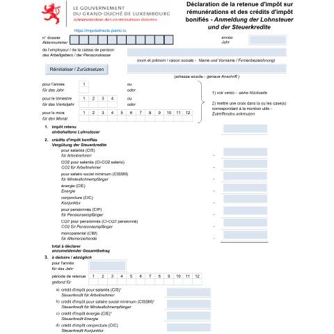 Aperçu du document Retenue d’impôt sur rémunérations et des crédits d’impôt bonifiés - déclaration 950 FD — Impots, Luxembourg (CERFA n°950)
