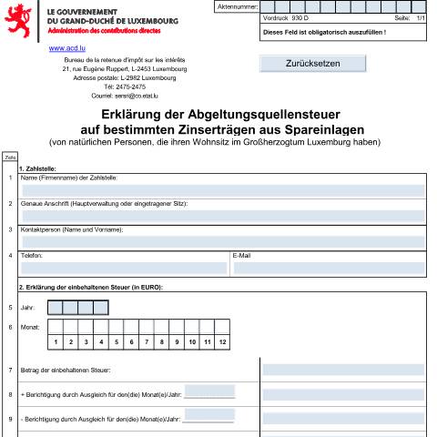 Aperçu du document de Erklärung der Abgeltungsquellensteuer auf bestimmten Zinserträgen aus Spareinlagen Zeile - 930 FD — Impots, Luxembourg (CERFA n°930d-25-100)