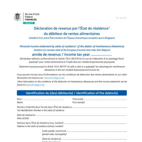 Aperçu du document Déclaration de revenus par l’État de résidence du débiteur de rentes alimentaires — INR/pers.phys., Belgique (CERFA n°declaration-revenus-etat-residence-debiteur-rente-alimentaire)