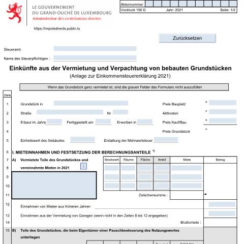 Aperçu du document Anlage: "Einkünfte aus der Vermietung und Verpachtung von bebauten Grundstücken" — Annexes, Luxembourg (CERFA n°190 D)