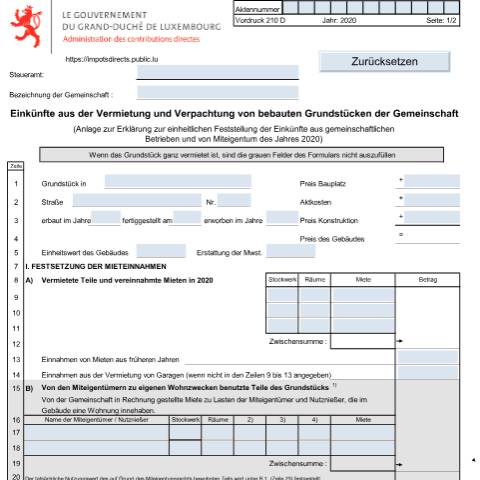 Aperçu du document Anlage: "Einkünfte aus der Vermietung und Verpachtung von bebauten Grundstücken der Gemeinschaft" — Annexes, Luxembourg (CERFA n°210 D)