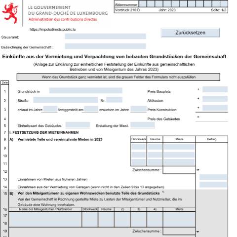 Aperçu du document Anlage: "Einkünfte aus der Vermietung und Verpachtung von bebauten Grundstücken der Gemeinschaft" — Etablissement en commun des revenus des entreprises collectives, Luxembourg (CERFA n°210 D)
