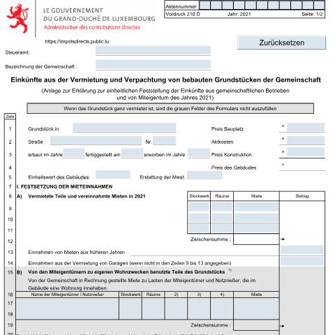 Aperçu du document Anlage: "Einkünfte aus der Vermietung und Verpachtung von bebauten Grundstücken der Gemeinschaft" — Etablissement en commun des revenus des entreprises collectives, Luxembourg (CERFA n°210 D)