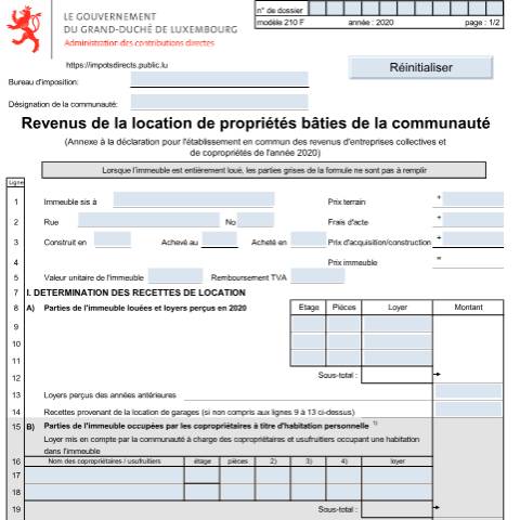 Aperçu du document Annexe: "Revenus de la location de propriétés bâties de la communauté" — Annexes, Luxembourg (CERFA n°210 F)