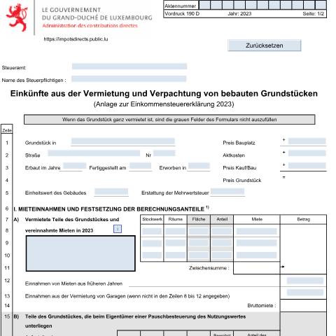 Aperçu du document Anlage: "Einkünfte aus der Vermietung und Verpachtung von bebauten Grundstücken" — Annexes, Luxembourg (CERFA n°190 D)