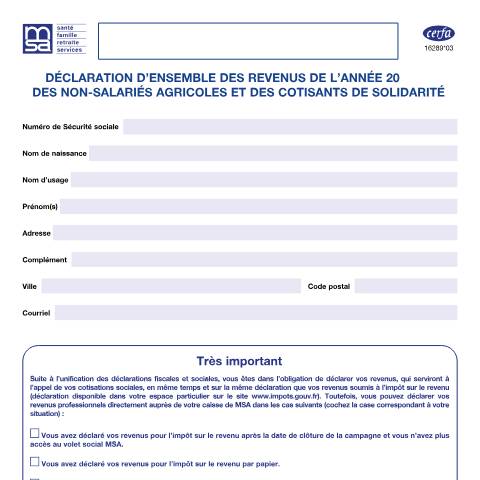 Aperçu du document Déclaration d'ensemble des revenus des non-salariés agricoles et des cotisants de solidarité — Professionnels, France (CERFA n°16289)