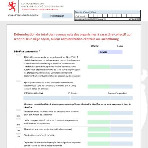 Aperçu du document Détermination du total des revenus nets des organismes à caractère collectif qui n'ont ni leur siège social, ni leur administration centrale au Luxembourg Bestimmung der Summe der Nettoeinkünfte der Körperschaften die weder ihren eingetragenen Sitz, noch ihre Hauptverwaltung in Luxemburg haben Asses — Déclarations téléchargeables au format PDF (pour les années 2021 à 2025), Luxembourg (CERFA n°nrr-f)