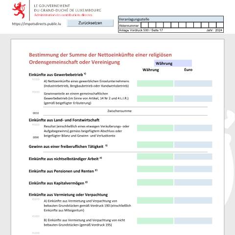 Aperçu du document Détermination du total des revenus nets d'une congrégation et association religieuse Bestimmung der Summe der Nettoeinkünfte einer religiösen Ordensgemeinschaft oder Vereinigung Assessment of the total net income of a religious congregation or association — Déclarations téléchargeables au format PDF (pour les années 2021 à 2025), Luxembourg (CERFA n°CAR_D)