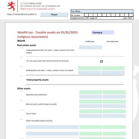 Aperçu du document Détermination du total des revenus nets d'une congrégation et association religieuse Bestimmung der Summe der Nettoeinkünfte einer religiösen Ordensgemeinschaft oder Vereinigung Assessment of the total net income of a religious congregation or association — Déclarations téléchargeables au format PDF (pour les années 2021 à 2025), Luxembourg (CERFA n°ARF_E 2024)