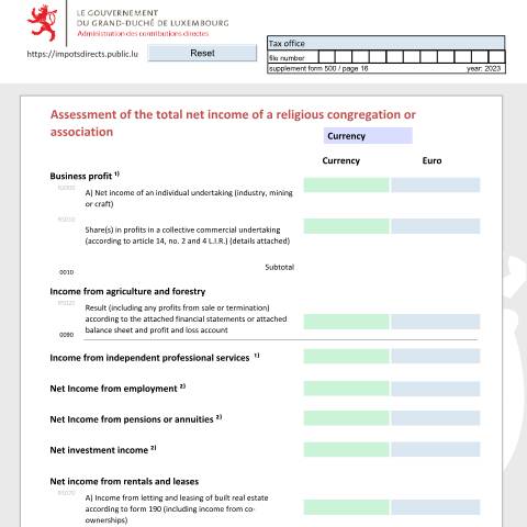 Aperçu du document Détermination du total des revenus nets d'une congrégation et association religieuse Bestimmung der Summe der Nettoeinkünfte einer religiösen Ordensgemeinschaft oder Vereinigung Assessment of the total net income of a religious congregation or association — Déclarations téléchargeables au format PDF (pour les années 2021 à 2025), Luxembourg (CERFA n°care)