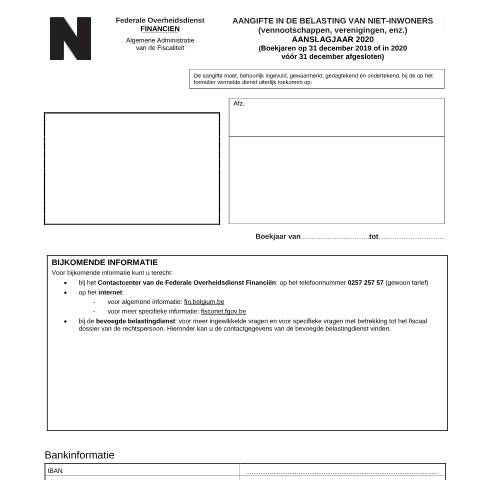 Aperçu du document Aangifte in de belasting niet-inwoners-vennootschappen - aanslagjaar 2020 (PDF, 319.21 KB) — FOD Financiën, Belgique (CERFA n°121-aangifte-bni-ven-2020)