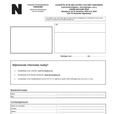 Aperçu du document Aangifte in de belasting niet-inwoners-vennootschappen - aanslagjaar 2024 (PDF, 679.75 KB) — FOD Financiën, Belgique (CERFA n°121-aangifte-bni-ven-2024)
