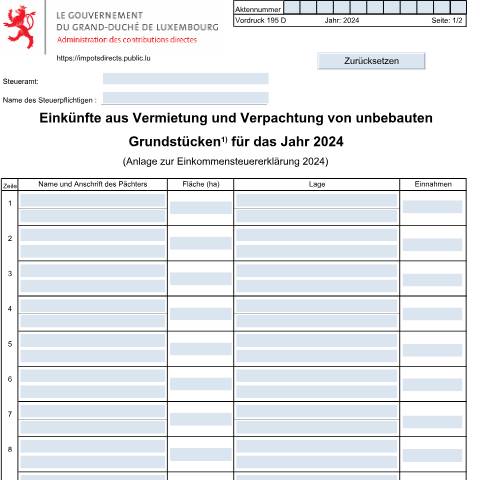 Aperçu du document Anlage: "Einkünfte aus der Vermietung und Verpachtung von unbebauten Grundstücken" — Annexes, Luxembourg (CERFA n°195 D)