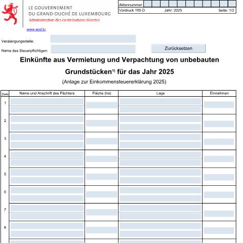 Aperçu du document Anlage: "Einkünfte aus der Vermietung und Verpachtung von unbebauten Grundstücken" — Annexes, Luxembourg (CERFA n°195 D)