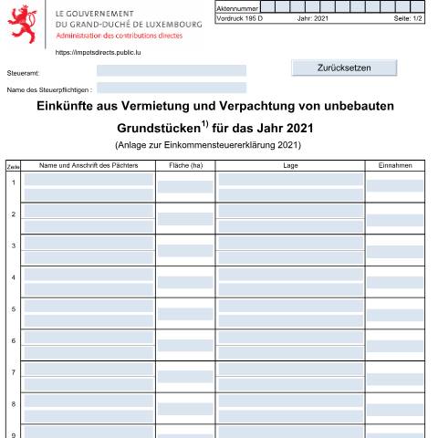 Aperçu du document Anlage: "Einkünfte aus der Vermietung und Verpachtung von unbebauten Grundstücken" — Annexes, Luxembourg (CERFA n°195 D)