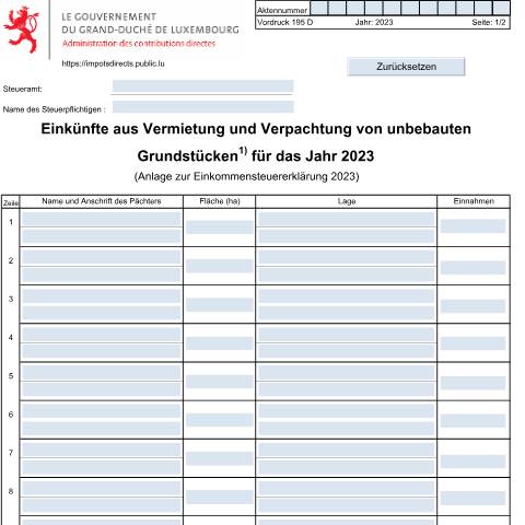 Aperçu du document Anlage: "Einkünfte aus der Vermietung und Verpachtung von unbebauten Grundstücken" — Annexes, Luxembourg (CERFA n°195 D)
