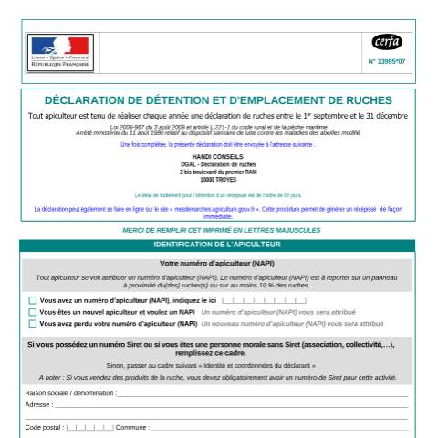 Aperçu du document Déclaration de détention et d'emplacement de ruches — Professionnels, France (CERFA n°13995*07)