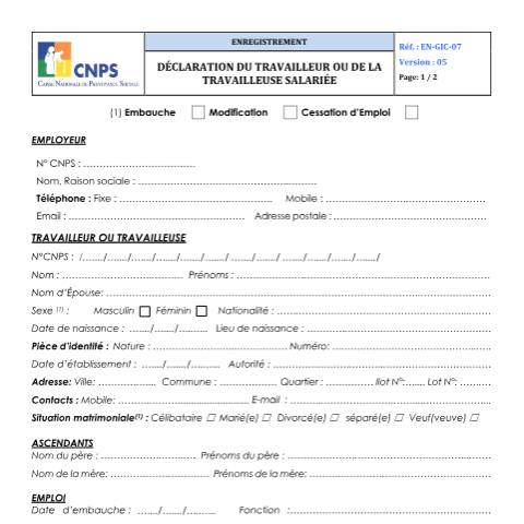 Aperçu du document DÉCLARATION DU TRAVAILLEUR OU DE LA TRAVAILLEUSE SALARIEE — Document CNPS (prévoyance sociale), Côte d'Ivoire