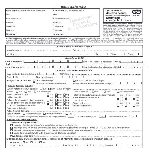 Aperçu du document Maladie à déclaration obligatoire - Saturnisme et plombémie — Particuliers, France (CERFA n°12378*03)