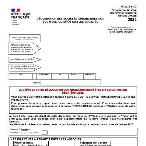 Aperçu du document Déclaration simplifiée des sociétés civiles immobilières (SCI) non soumises à l'impôt sur les sociétés — Professionnels, France (CERFA n°10338*28)