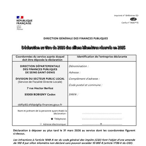 Aperçu du document Déclaration des sillons kilomètres réservés — Professionnels, France (CERFA n°14007*12)