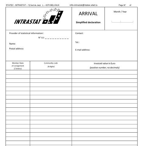 Aperçu du document en Arrival - simplified declaration — Intrastat, Luxembourg (CERFA n°arrivee-simplifiee)