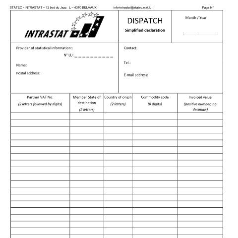 Aperçu du document en Dispatch - simplified declaration — Intrastat, Luxembourg (CERFA n°expedition-simplifiee)