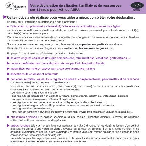 Aperçu du document Déclaration de situation familiale et de revenus des 12 derniers mois (demande d'Aspa ou d'Asi à la Cnav) — Particuliers, France (CERFA n°11370*03)