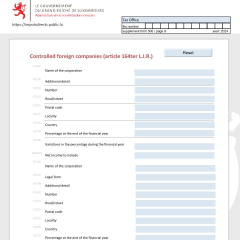 Aperçu du document Sociétés étrangères contrôlées (article 164ter L.I.R.) Beherrschte ausländische Unternehmen (Artikel 164ter L.I.R.) Controlled foreign companies (article 164ter L.I.R.) — Déclarations téléchargeables au format PDF (pour les années 2021 à 2025), Luxembourg (CERFA n°SEC_E)