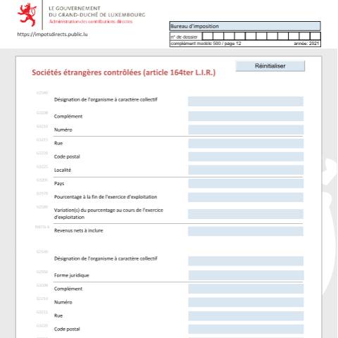 Aperçu du document Sociétés étrangères contrôlées (article 164ter L.I.R.) Beherrschte ausländische Unternehmen (Artikel 164ter L.I.R.) Controlled foreign companies (article 164ter L.I.R.) — Déclarations téléchargeables au format PDF (pour les années 2021 à 2025), Luxembourg (CERFA n°SEC-F)